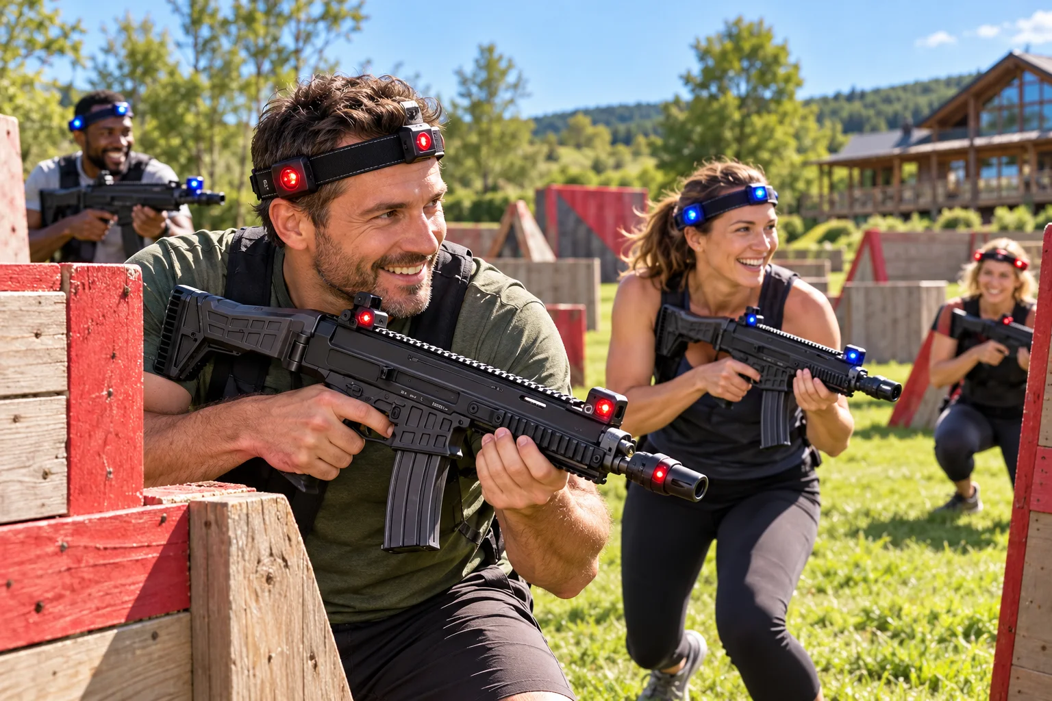 Dorośli grają w laser tag na otwartym terenie z drewnianymi osłonami